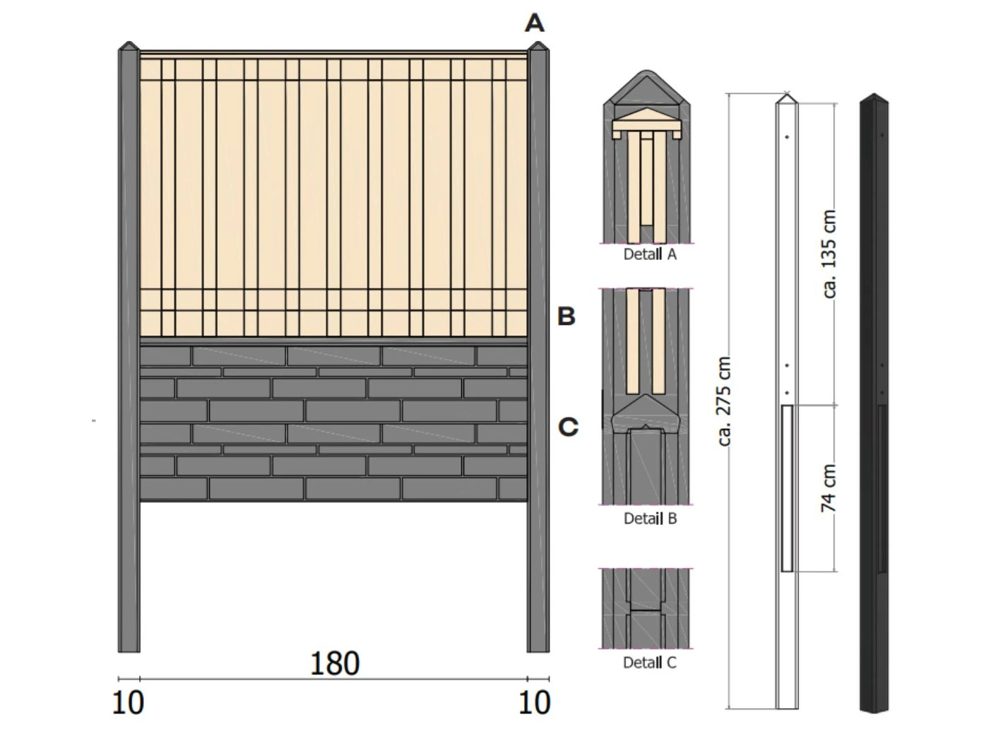 Beton Tussenpaal Glad Met Diamantkop 10 x 10 cm (100 x 100 mm) Antraciet Gecoat - Lengte 200 cm - Afbeelding 4